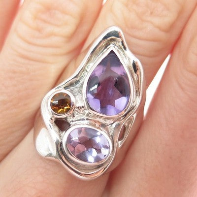 HAGIT GORALI 925 Sterling Silver Vintage Real Amethyst & Citrine Ring Size 8.25