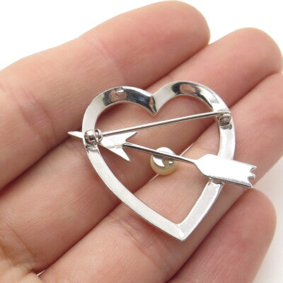 925 Sterling Silver Antique Art Deco Real Pearl Heart & Arrow Pin Brooch