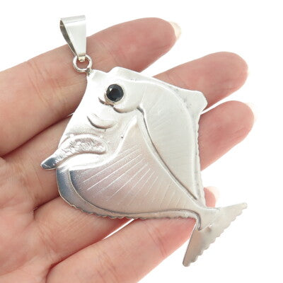 925 Sterling Silver Vintage MS 1994 Real Sapphire Modernist Fish Pendant