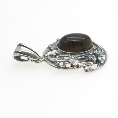 925 Sterling Silver Vintage Real Dark Amber Floral Leaf Pendant