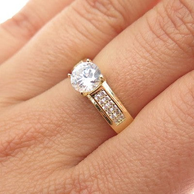 925 Sterling Silver Gold Plated Round-Cut C Z Engagement Ring Size 7.5
