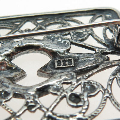 925 Sterling Silver Vintage Rhinestone Boho / Ethnic Pin Brooch