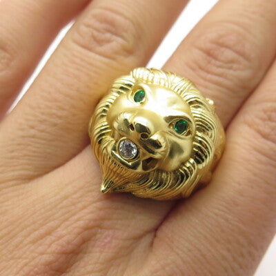 925 Sterling Silver Gold Plated White & Green C Z Lion Domed Ring Size 9.25