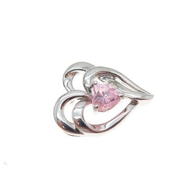 SAI 925 Sterling Silver Pink C Z Double Heart Minimalist Slide Charm Pendant