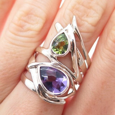HAGIT GORALI 925 Sterling Silver Vintage Real Amethyst & Peridot Ring Size 8.25