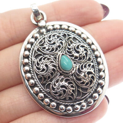 925 Sterling Silver Vintage Real Turquoise Gemstone Beaded Ornate Pendant