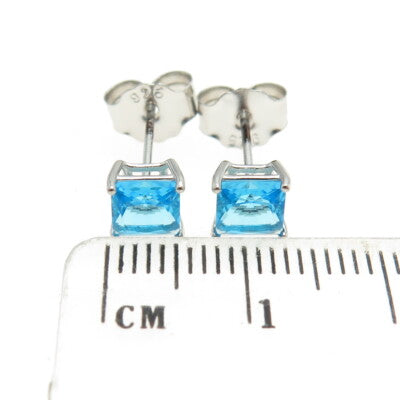 925 Sterling Silver Princess-Cut Shaped Swiss Blue C Z Stud Earrings