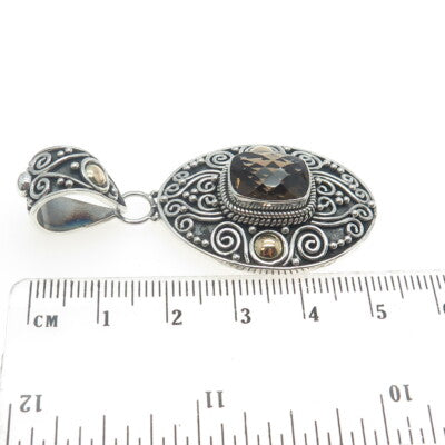 925 Sterling Silver & 18K Gold Vintage Real Smoky Quartz Spiral Scroll Pendant