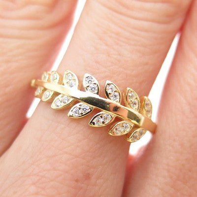 925 Sterling Silver Gold Plated Round-Cut C Z Laurel Leaf Ring Size 8.75