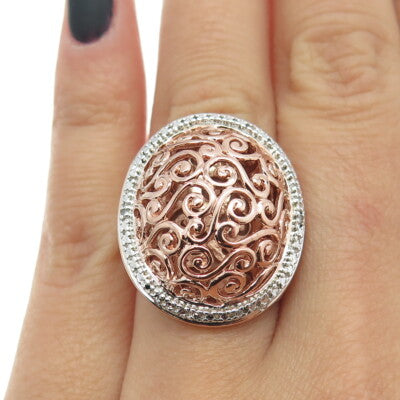 ROSS SIMONS 925 Sterling Silver Rose Gold Plated Diamond Accent Ring Size 6.25