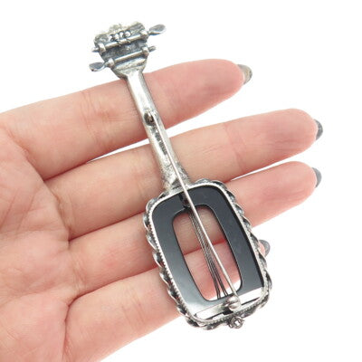 925 Sterling Silver Antique Art Deco Real Black Onyx Banjo Musical Pin Brooch