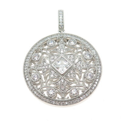 925 Sterling Silver Round-Cut C Z Fleur de Lis Round Pendant