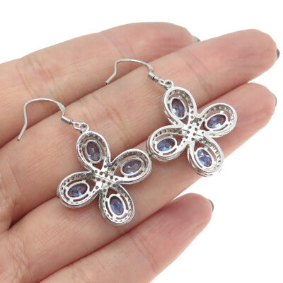 925 Sterling Silver White & Blue C Z Cross Dangling Hook Earrings