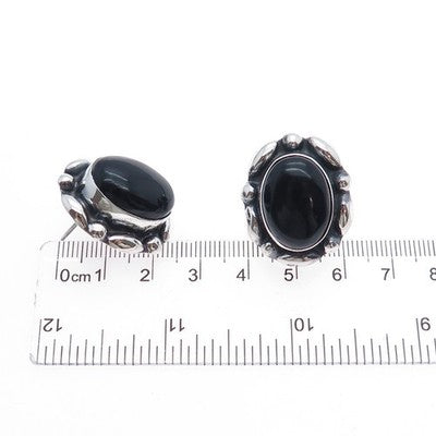 925 Sterling Silver Vintage Mexico Real Black Onyx Modernist Oxidized Earrings