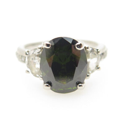 925 Sterling Silver Oval-Cut Dark Green & White C Z Ring Size 7.25