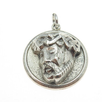 THEDA 925 Sterling Silver Antique Art Deco Jesus Religious Round Pendant