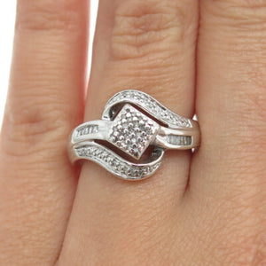 SUN 925 Sterling Silver Real Round-Cut Diamond Bypass Ring Size 7