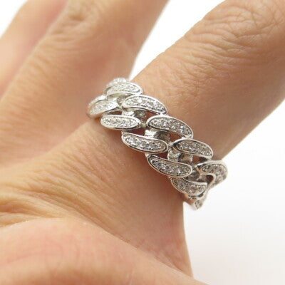 925 Sterling Silver Pave C Z Cuban Chain Band Ring Size 7