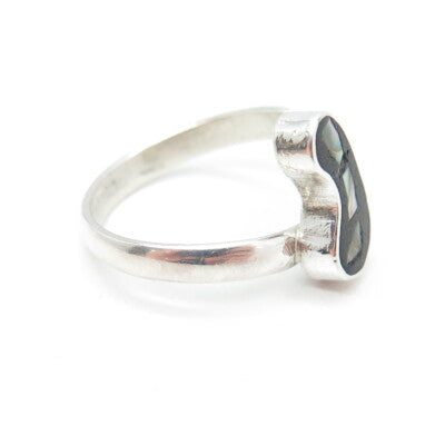 925 Sterling Silver Vintage Real Black Onyx & Abalone Shell Bean Ring Size 6.75