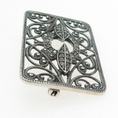 925 Sterling Silver Vintage Rhinestone Boho / Ethnic Pin Brooch