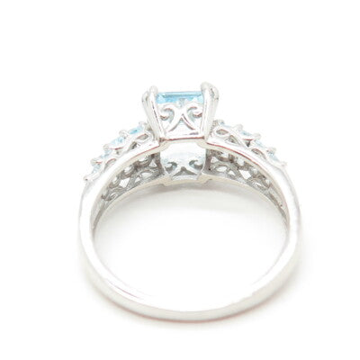 925 Sterling Silver Real Emerald-Cut Blue Topaz Engagement Ring Size 8
