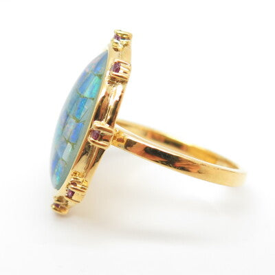 925 Sterling Silver Gold Plated Real Opal Inlay & Amethyst Ring Size 7.25