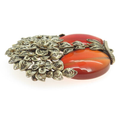 925 Sterling Silver Gold Plated Antique Art Deco Agate Filigree Floral Brooch