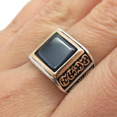 925 Sterling Silver 2-Tone Vintage Blue Glass Floral Signet Ring Size 9.25
