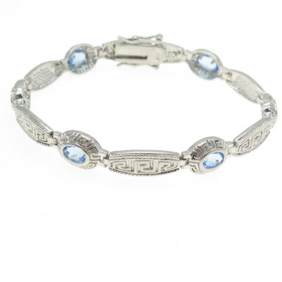 925 Sterling Silver Blue C Z Greek Maze Pattern Panel Link Bracelet 7"