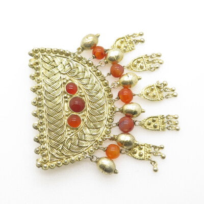 925 Sterling Silver Gold Plated Vintage Israel Carnelian Gem Ethnic Pendant