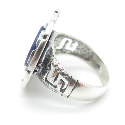 925 Sterling Silver Vintage Real Sodalite Gemstone Greek Maze Ring Size 7.5