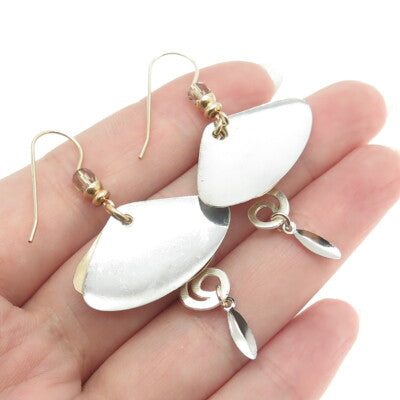 925 Sterling Silver & 14K Gold Filled Vintage Modernist Floral Dangling Earrings