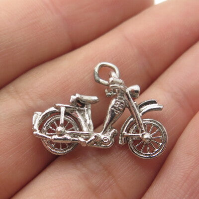 925 Sterling Silver Antique Art Deco Motorcycle 3D Pendant