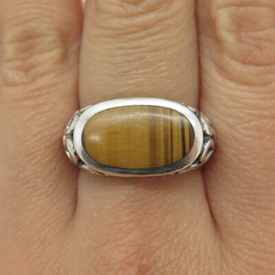925 Sterling Silver Vintage Real Tiger Eye Swirl Ring Size 7.75