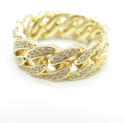 925 Sterling Silver Gold Plated Pave C Z Cuban Chain Band Ring Size 6