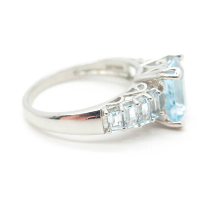 925 Sterling Silver Real Emerald-Cut Blue Topaz Engagement Ring Size 8