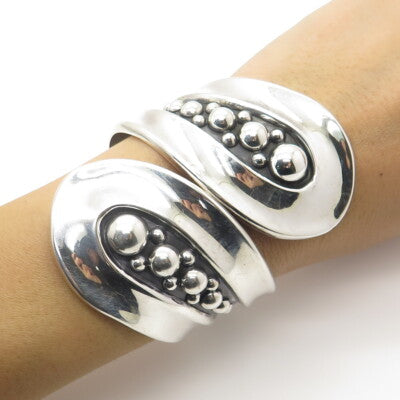 925 Sterling Silver Vintage Mexico Granulated Bypass Solid 72.2g Bracelet 6.5"