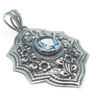 925 Sterling Silver Vintage Real Blue Topaz Floral Blossom Oxidized Pendant