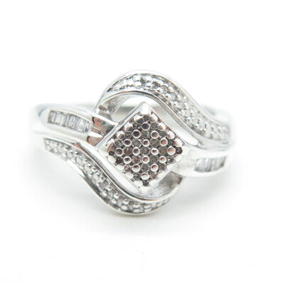 SUN 925 Sterling Silver Real Round-Cut Diamond Bypass Ring Size 7