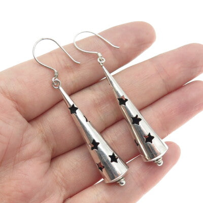 925 Sterling Silver Vintage Modernist Shadow Box Star Cone Dangle Earrings