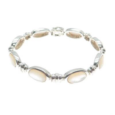 MICHELLE ALBALA 925 Sterling Silver Vintage Real MOP Oval Link Bracelet 7.25"