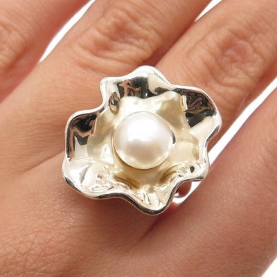 HAGIT GORALI Sterling Silver Vintage Israel Pearl Flower Modernist Ring Size 5.5