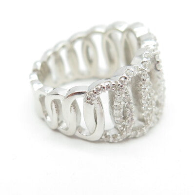 925 Sterling Silver Pave C Z Oval Chain Ring Size 6.25