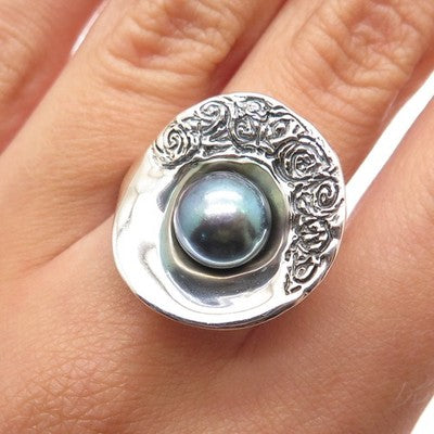 HAGIT GORALI Sterling Vintage Israel Tahitian Pearl Calla Modernist Ring Size 8