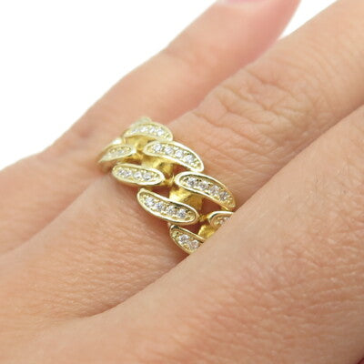 925 Sterling Silver Gold Plated Pave C Z Cuban Chain Band Ring Size 6