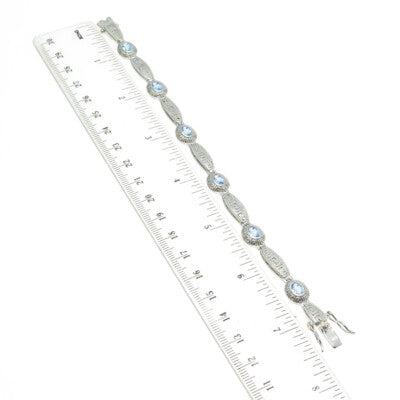 925 Sterling Silver Blue C Z Greek Maze Pattern Panel Link Bracelet 7"