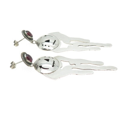 925 Sterling Silver Vintage Real Tourmaline Modernist Shadow Box Dangle Earrings