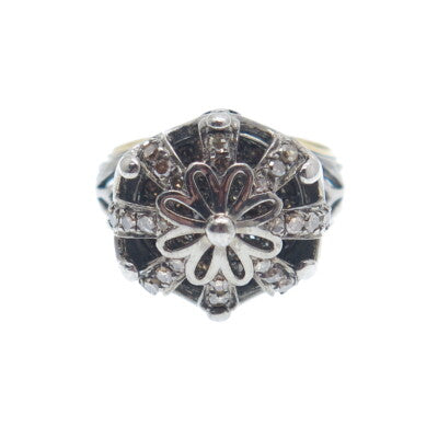 925 Sterling Silver Black Rhodium 2-Tone Real Diamond Crown Domed Ring Size 7.25