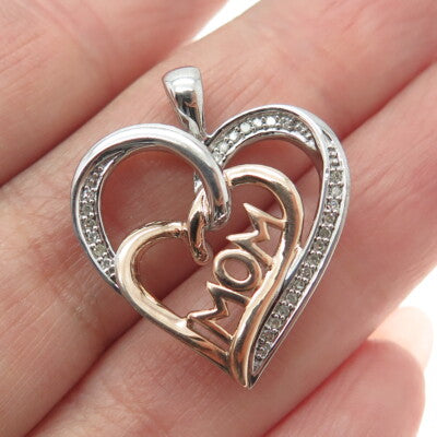 SUN 925 Sterling Silver Rose Gold Plated Real Diamond "MOM" Heart Pendant