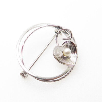 DE CURTIS Sterling Silver Antique Art Deco Real Pearl Heart Circle Pin Brooch